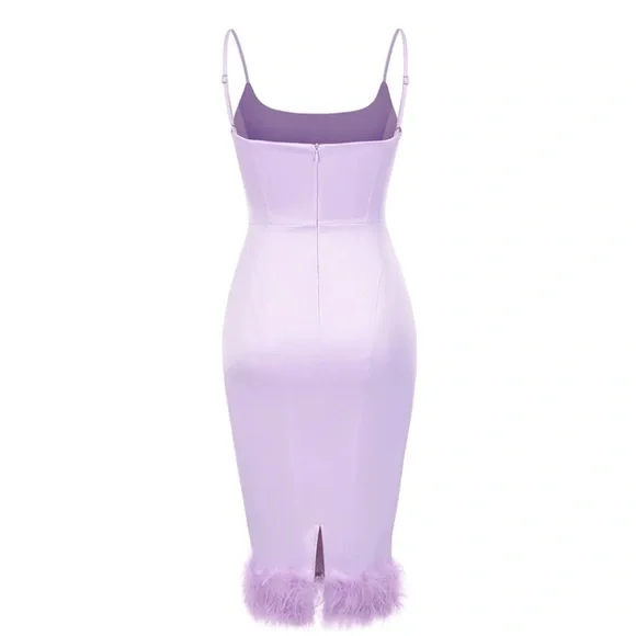 Satin Feather Hem Spaghetti Strap Midi Dress - Picture 2 of 3